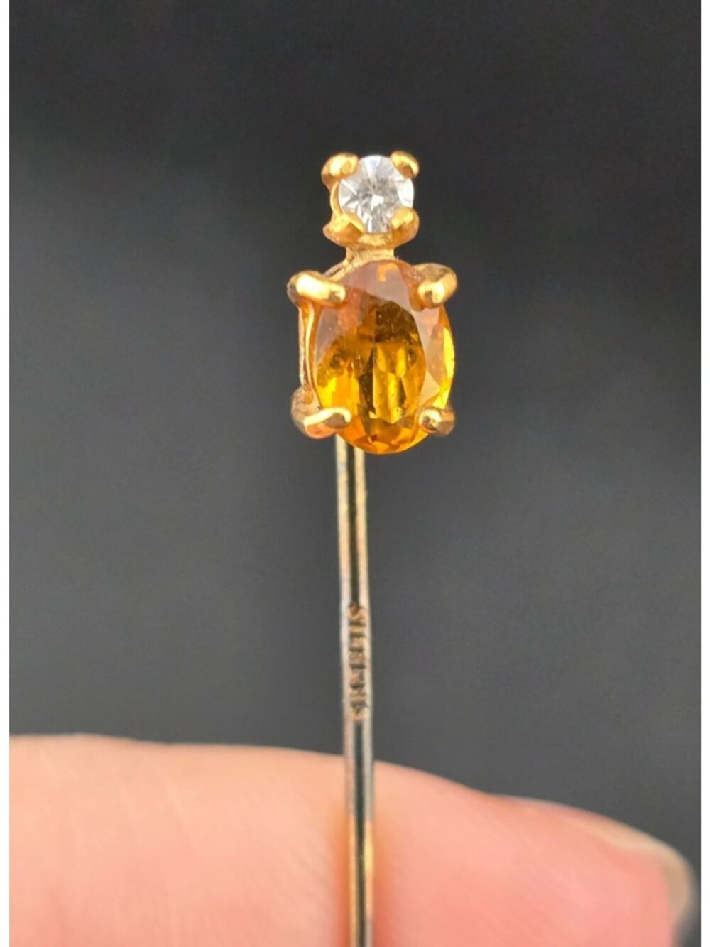 Vintage Sterling Silver Stick Pin With Citrine And Rhinestone 2.25"